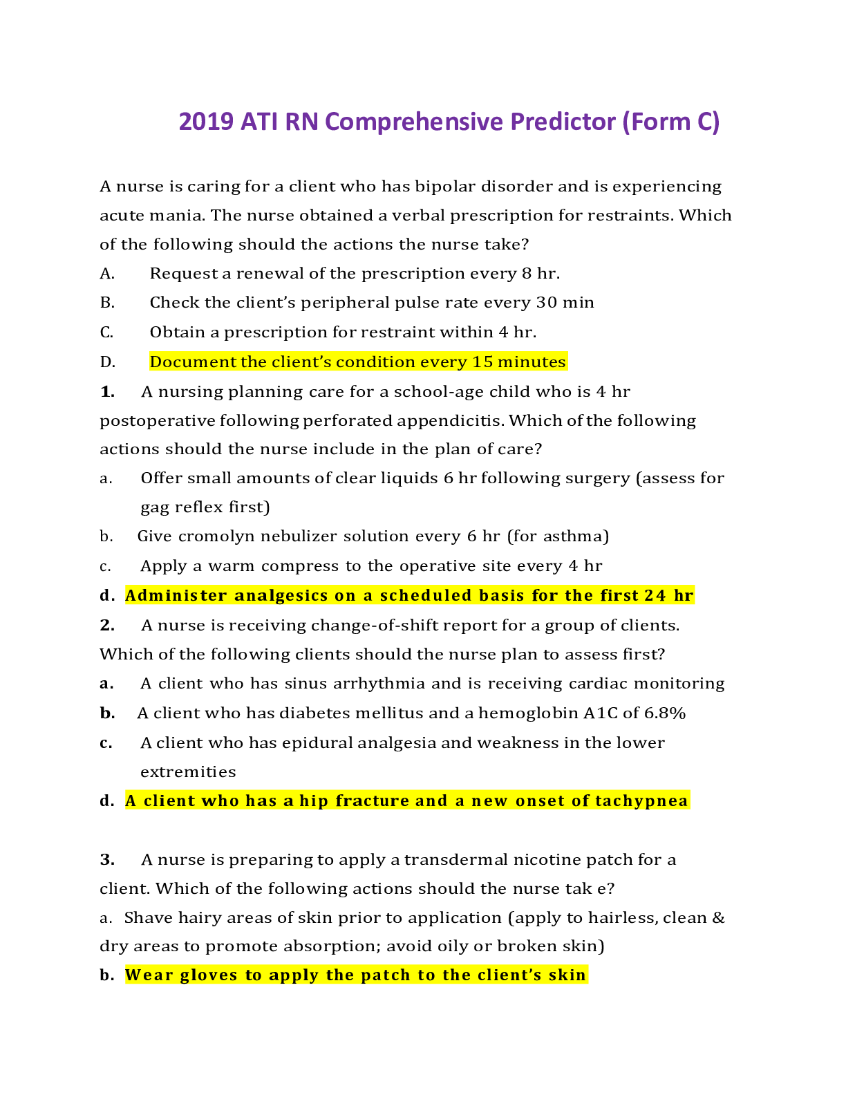 Preview image of ATI RN Comprehensive Predictor 2019 Version C Complete Questions & Answers with Rationale   2019 document